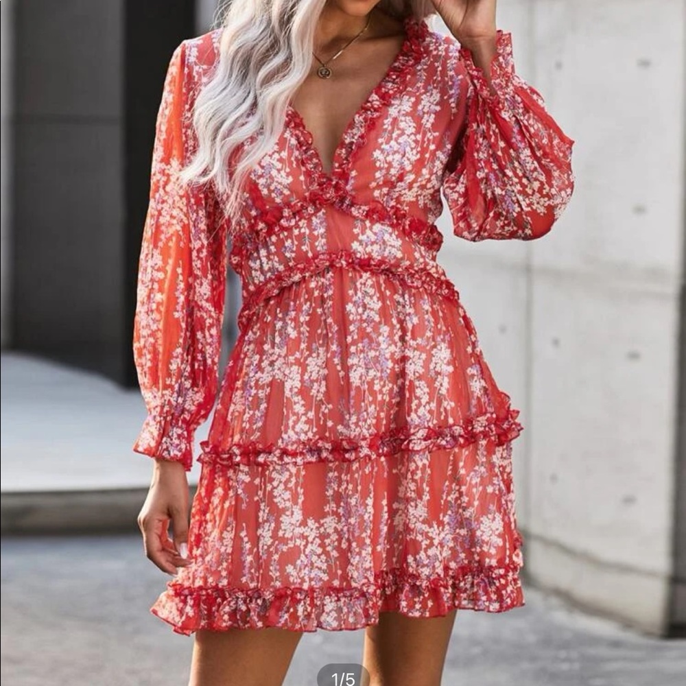 Red floral open back dress